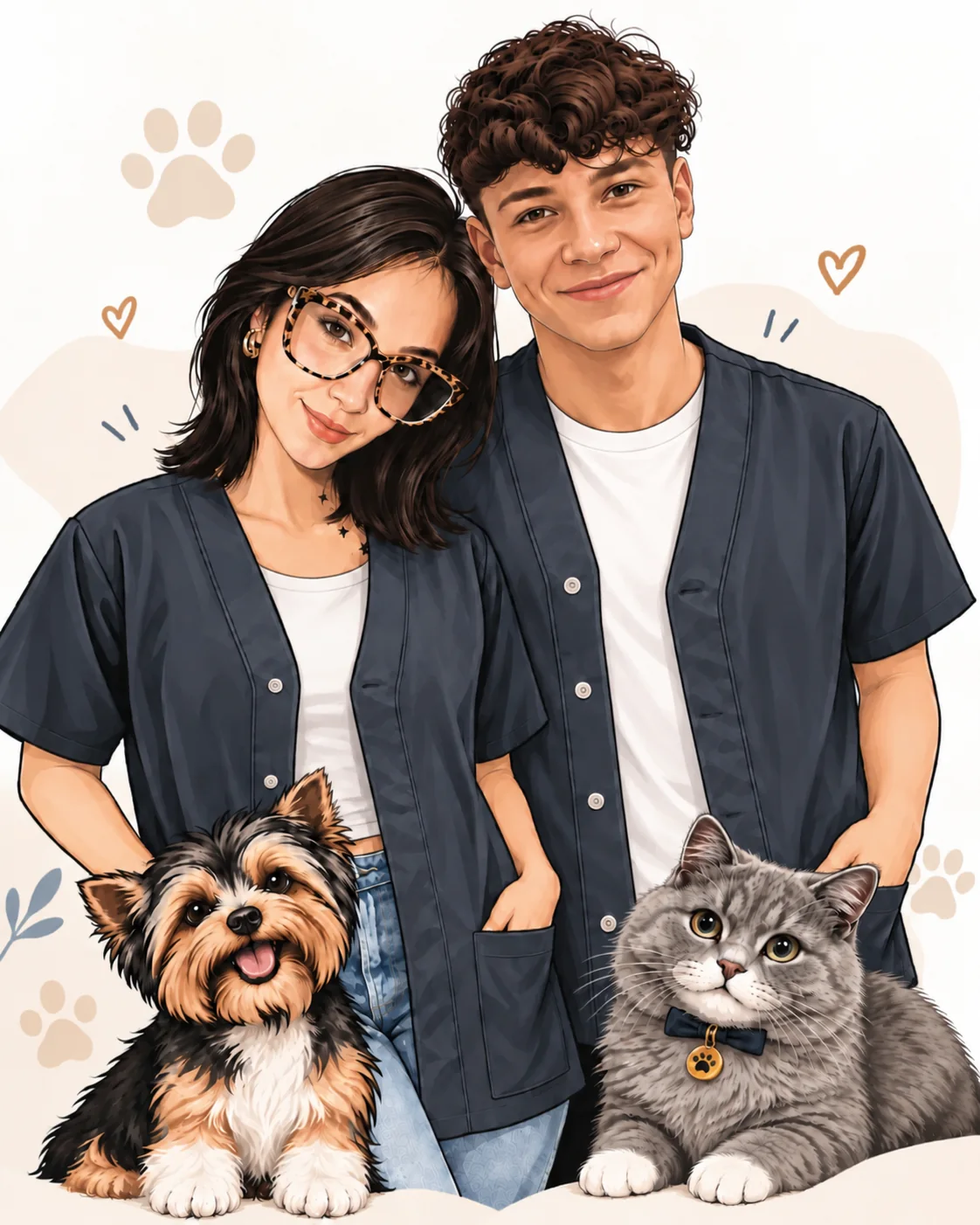 Ilustración del equipo de CAPICAN con un perro Yorkshire y un gato gris