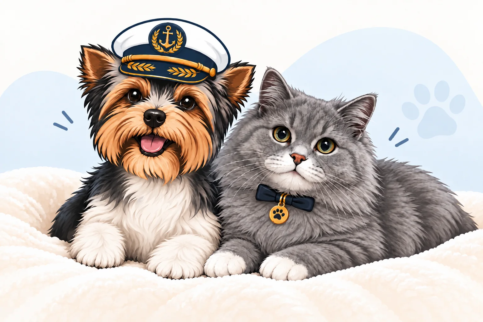 Ilustración de Yorkshire con gorra de capitán y gato gris de CAPICAN
